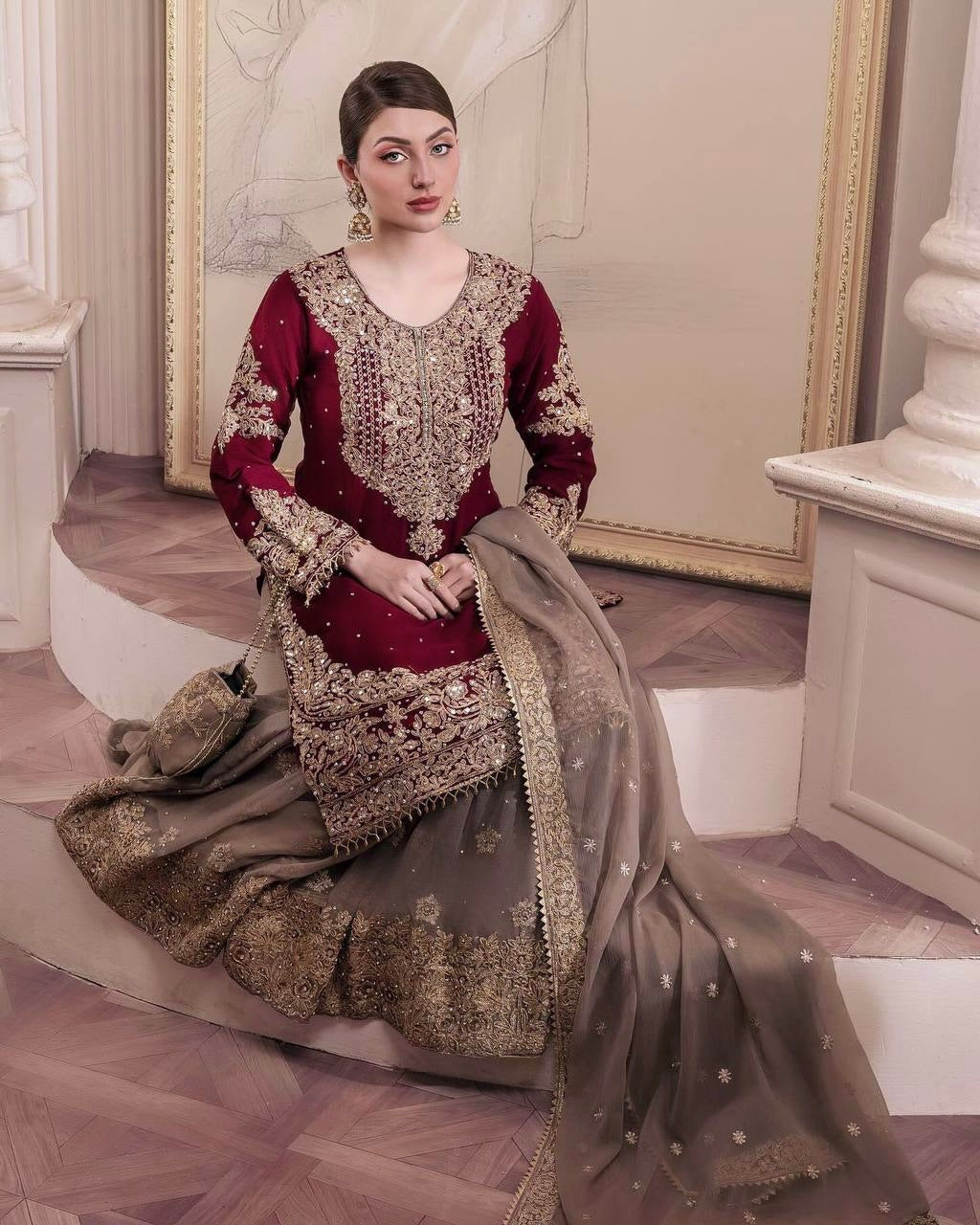 Sharara: Heavy Embroidery Codding & Sequins Work Punjabi Sharara Pair