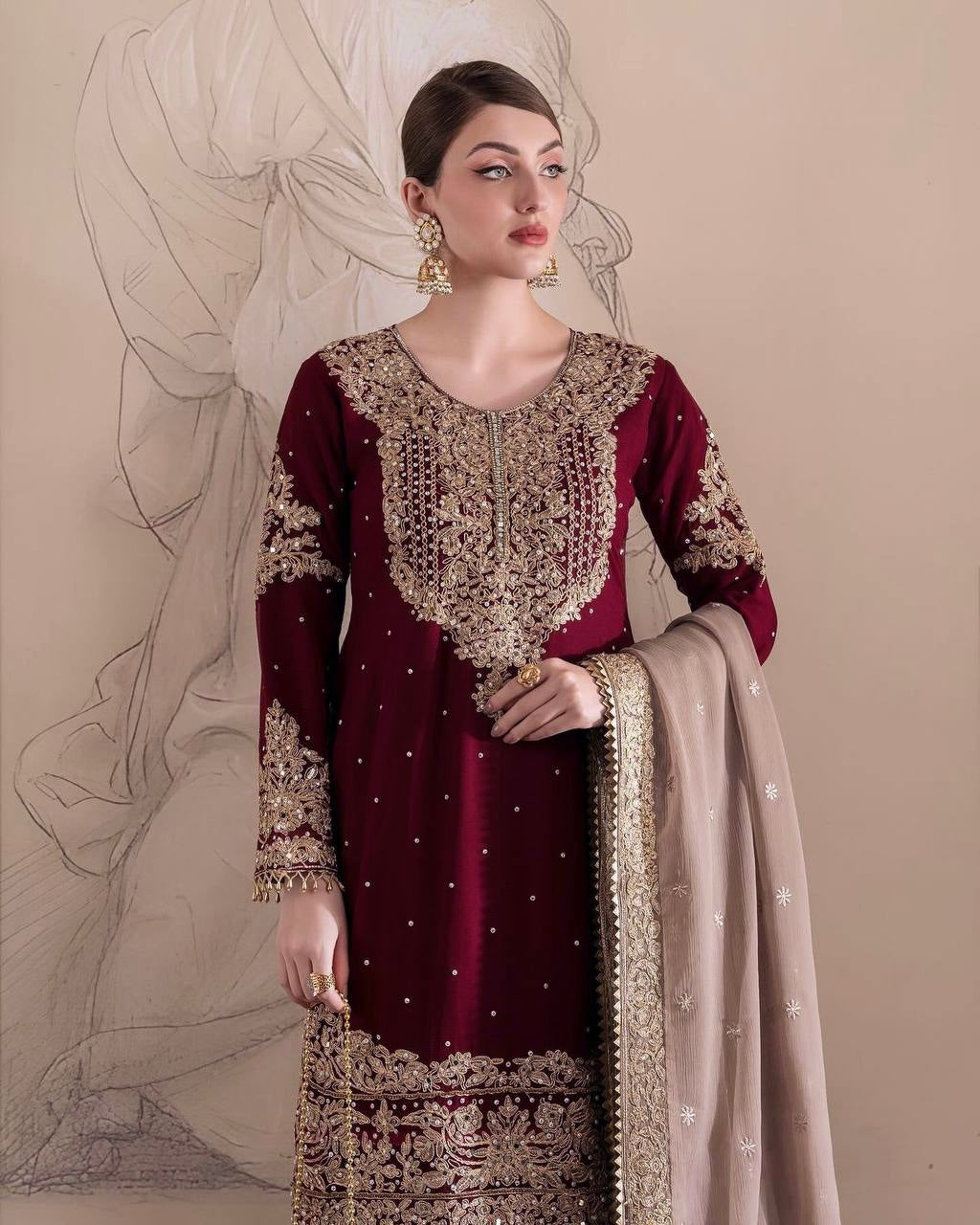 Sharara: Heavy Embroidery Codding & Sequins Work Punjabi Sharara Pair