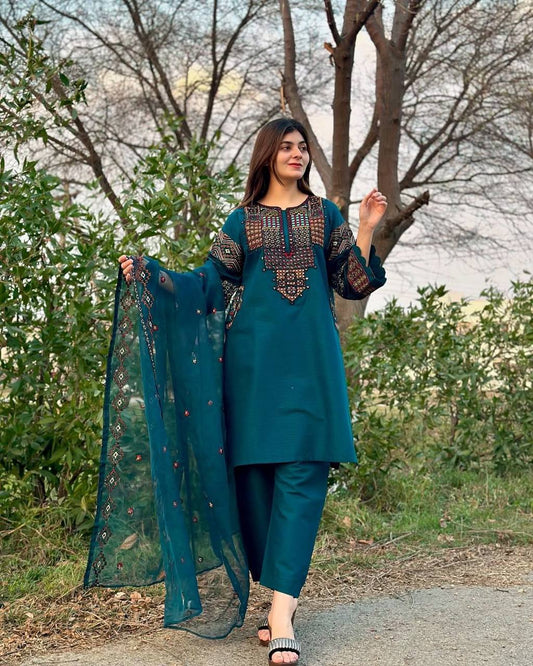 RUNNING WEAR TRENDING ROMAN SILK FABRIC TOP SEQUANCE EMBROIDERED WORK AND PANT WITH DUPATTA