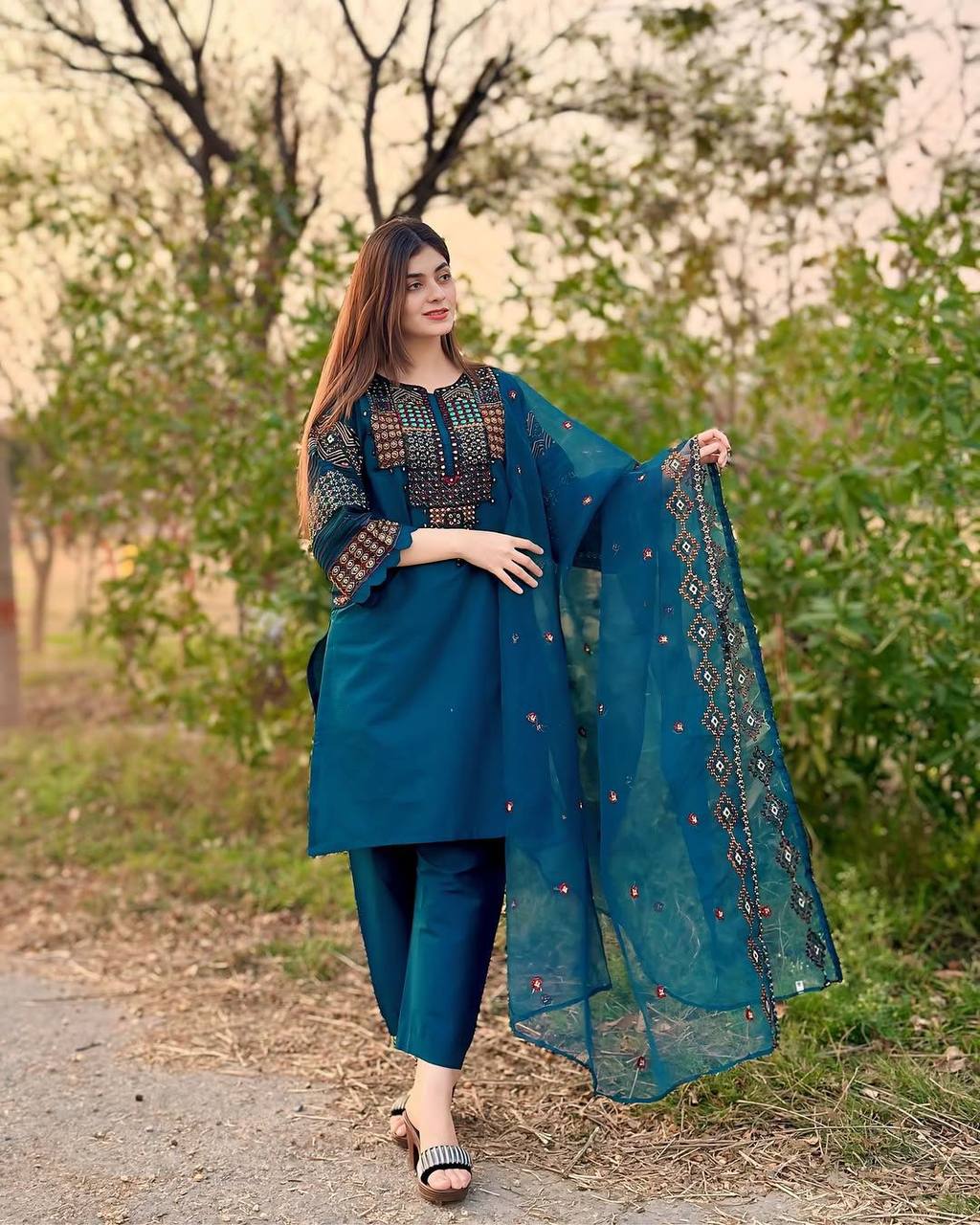 RUNNING WEAR TRENDING ROMAN SILK FABRIC TOP SEQUANCE EMBROIDERED WORK AND PANT WITH DUPATTA