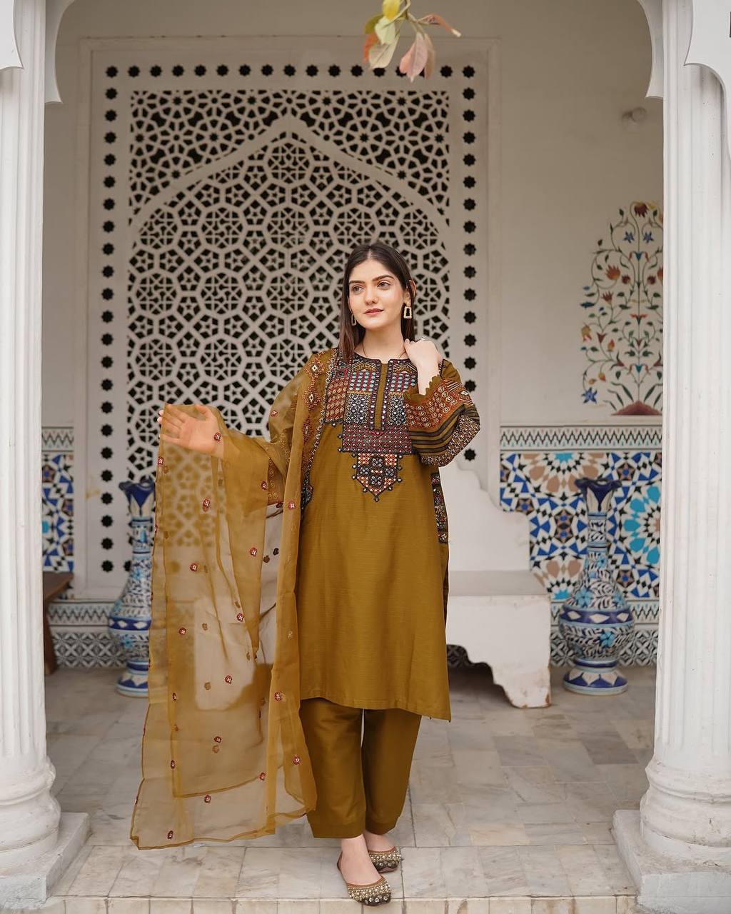 RUNNING WEAR TRENDING ROMAN SILK FABRIC TOP SEQUANCE EMBROIDERED WORK AND PANT WITH DUPATTA