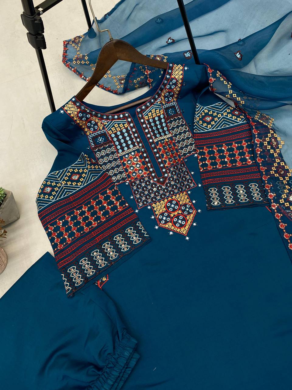 RUNNING WEAR TRENDING ROMAN SILK FABRIC TOP SEQUANCE EMBROIDERED WORK AND PANT WITH DUPATTA