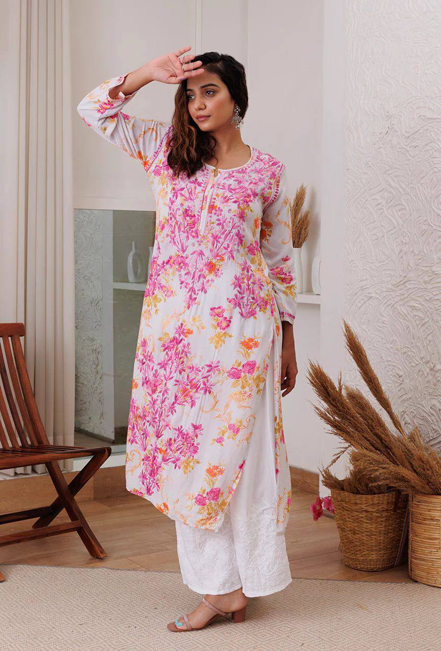 Kurti: PRINTED REYON TOP WITH COTTON THREAD EMBROIDERED WORK AND WORK PLAZO