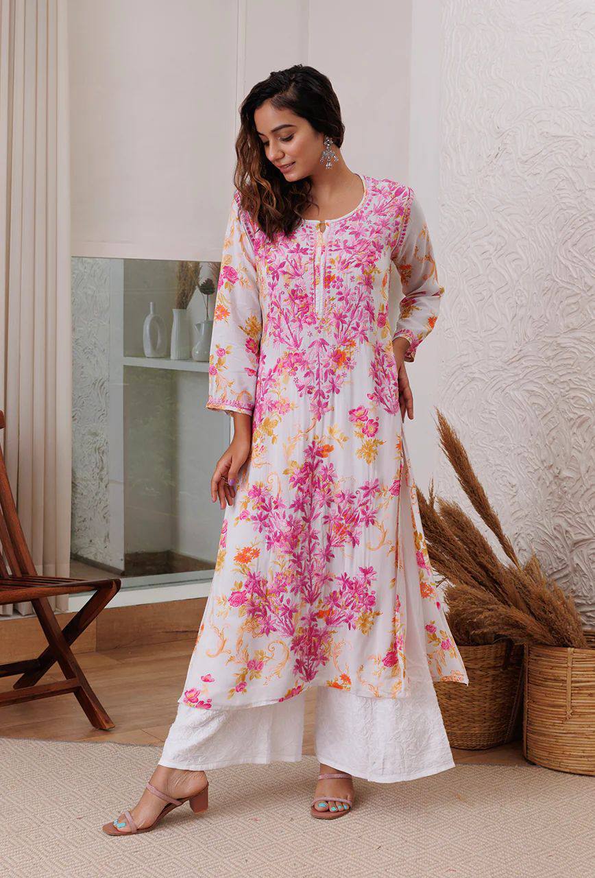 Kurti: PRINTED REYON TOP WITH COTTON THREAD EMBROIDERED WORK AND WORK PLAZO