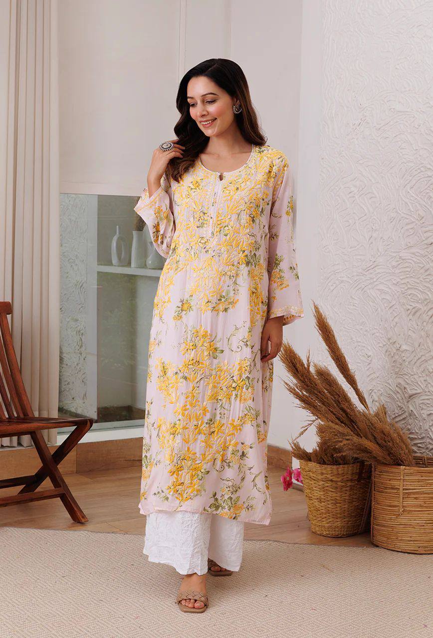 Kurti: PRINTED REYON TOP WITH COTTON THREAD EMBROIDERED WORK AND WORK PLAZO