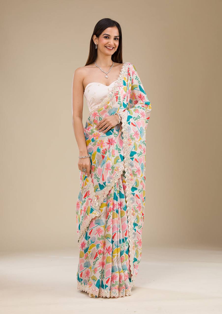 Premium Georgette With Digital Prints & Embroidery Saree