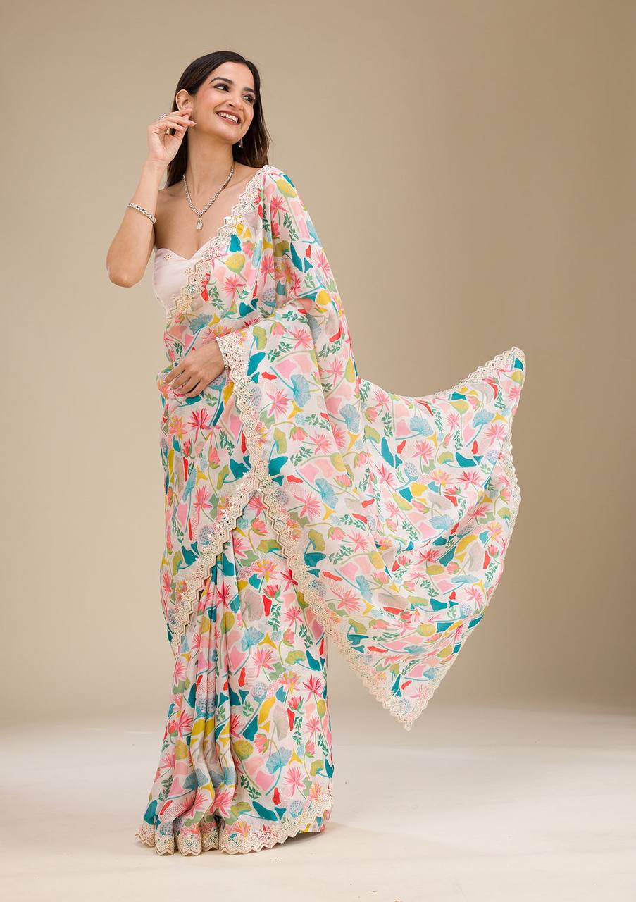 Premium Georgette With Digital Prints & Embroidery Saree