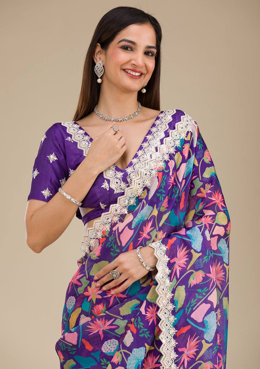 Premium Georgette With Digital Prints & Embroidery Saree