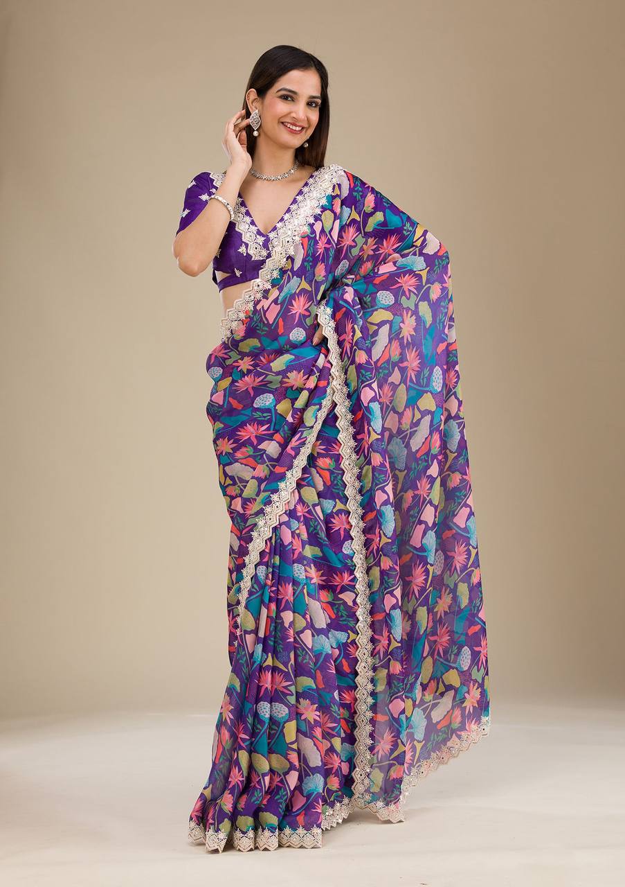 Premium Georgette With Digital Prints & Embroidery Saree