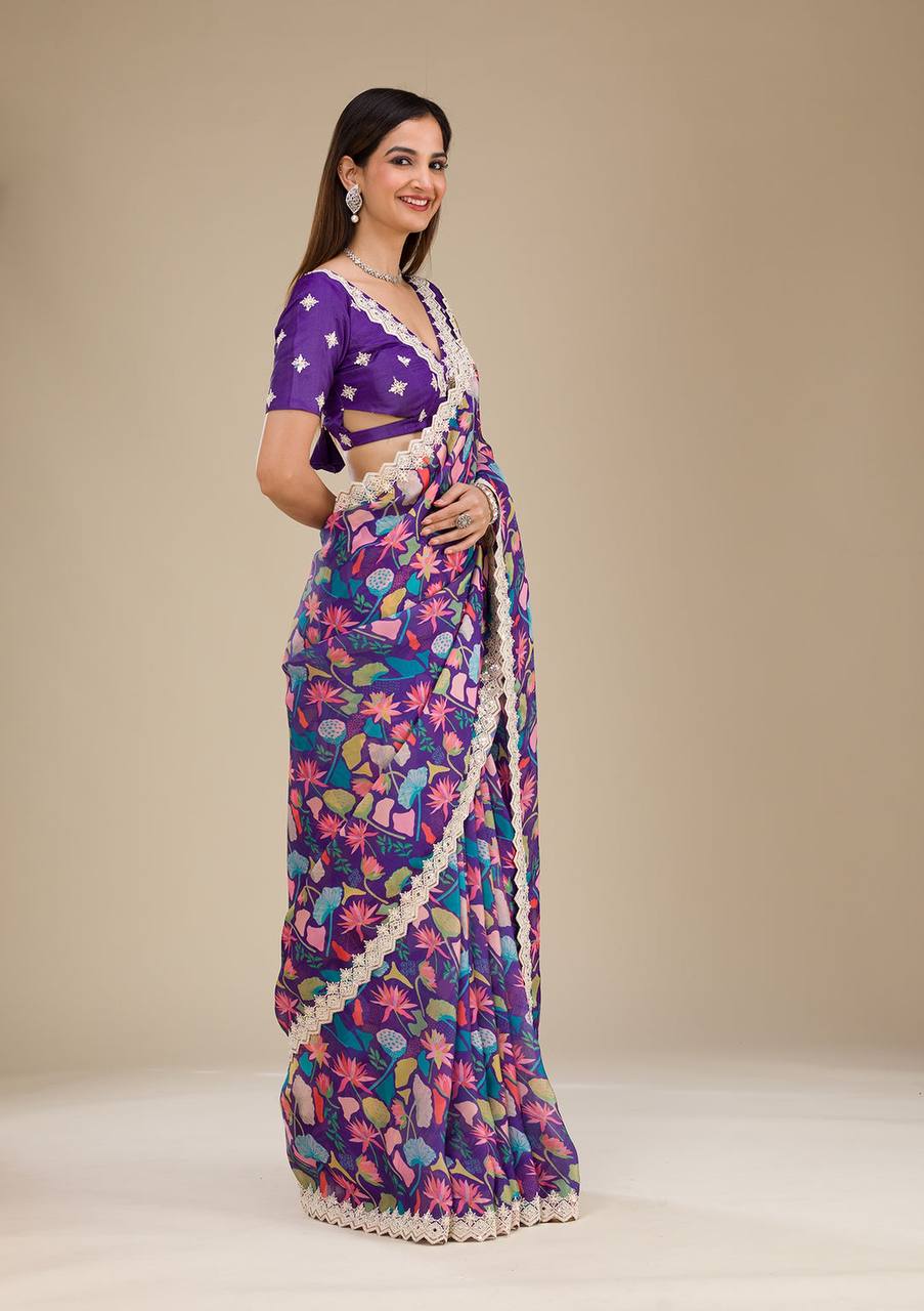 Premium Georgette With Digital Prints & Embroidery Saree