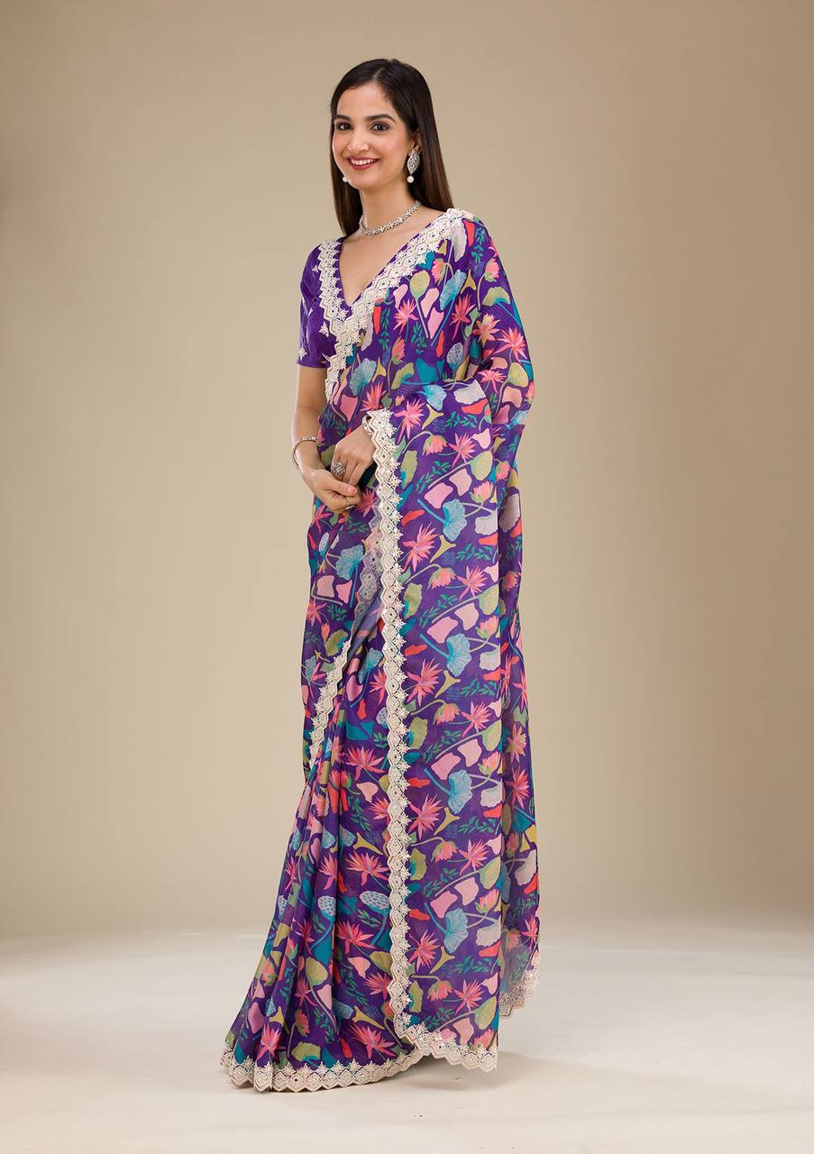 Premium Georgette With Digital Prints & Embroidery Saree