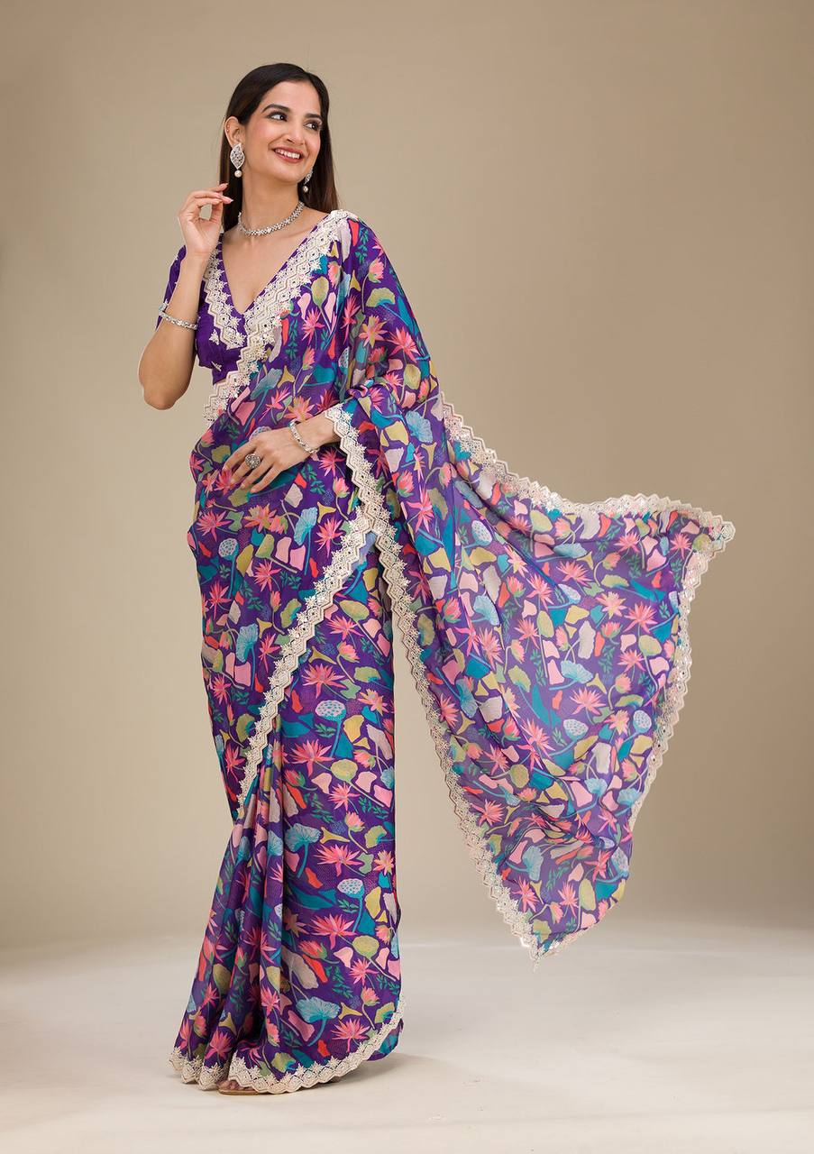 Premium Georgette With Digital Prints & Embroidery Saree