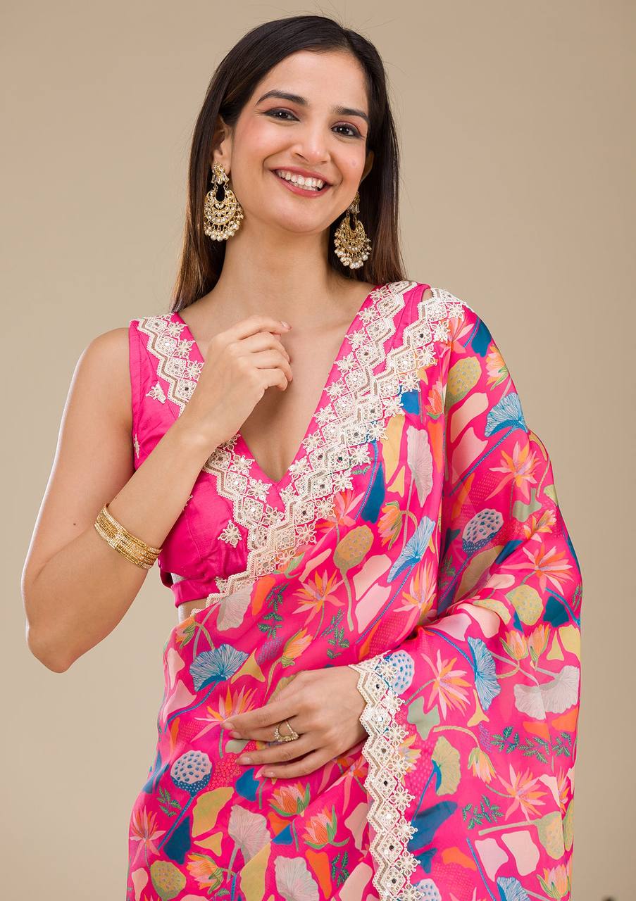 Premium Georgette With Digital Prints & Embroidery Saree