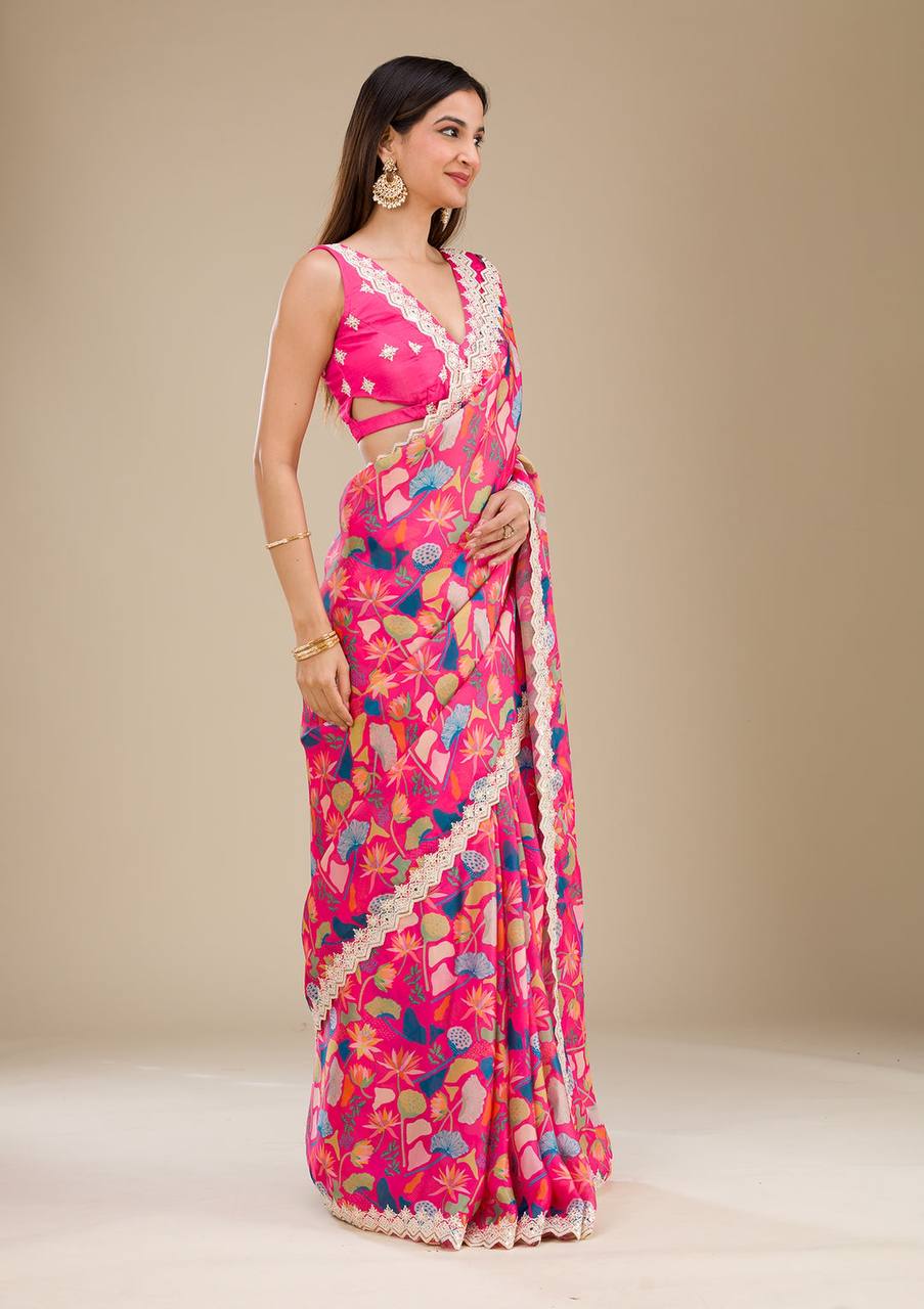 Premium Georgette With Digital Prints & Embroidery Saree