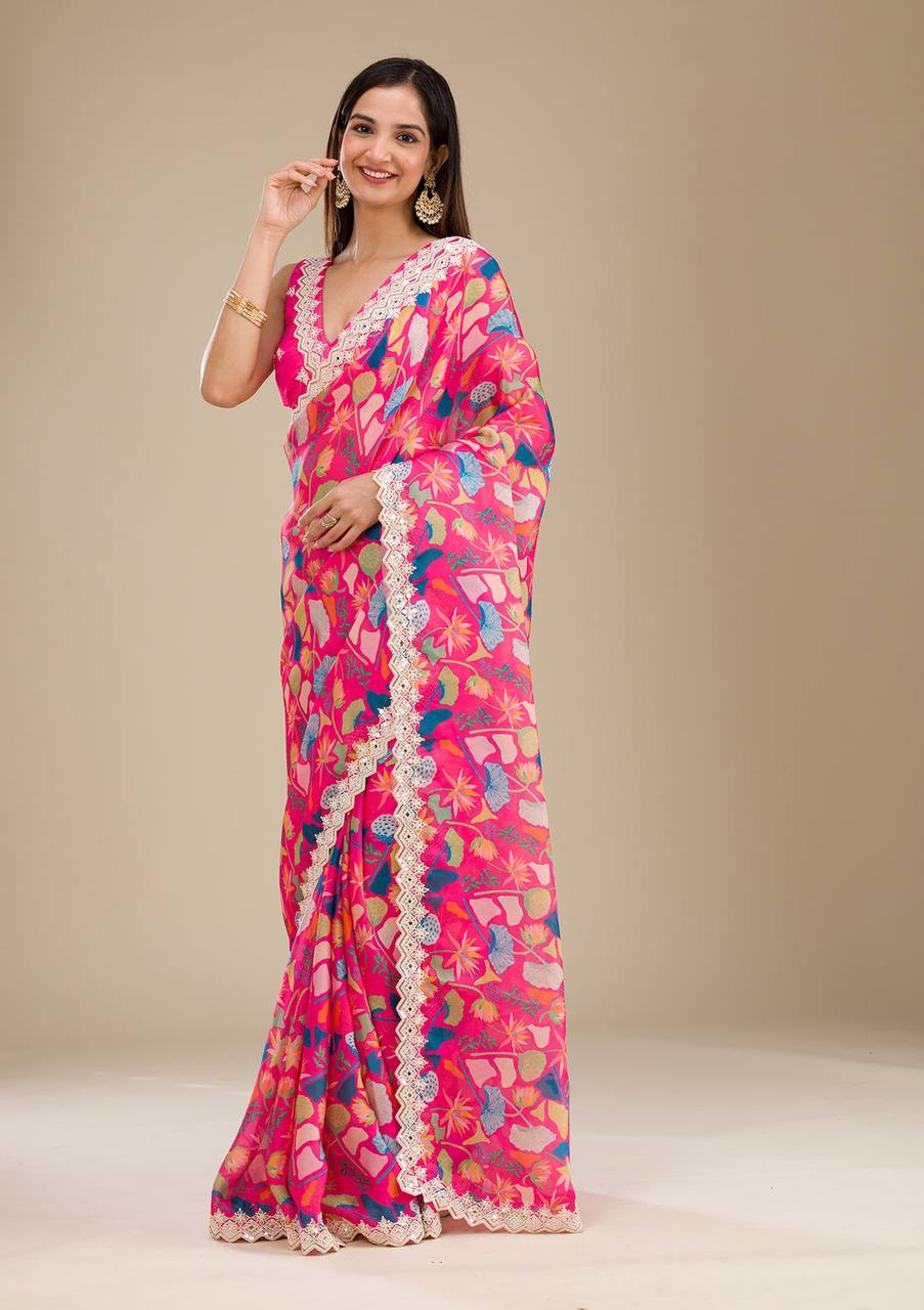 Premium Georgette With Digital Prints & Embroidery Saree