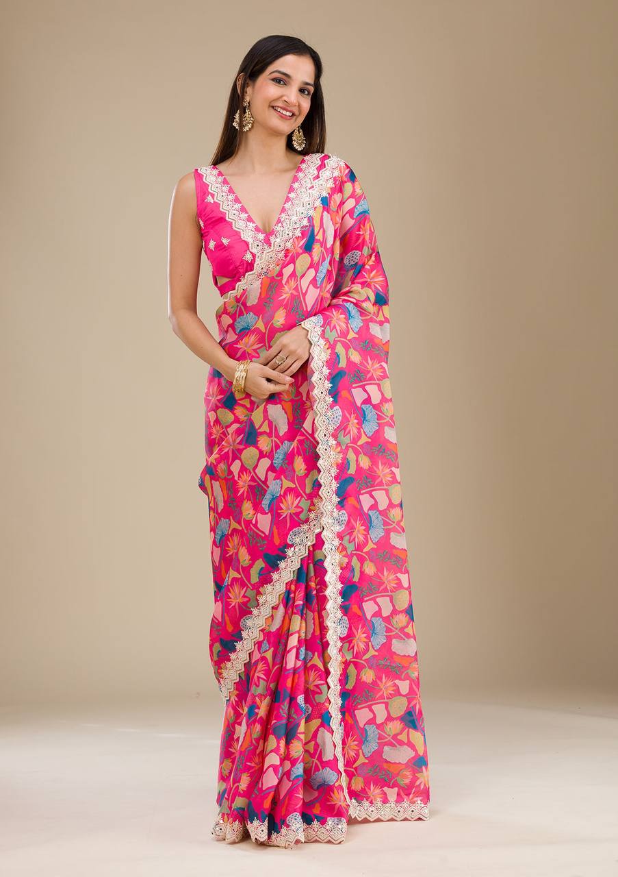 Premium Georgette With Digital Prints & Embroidery Saree