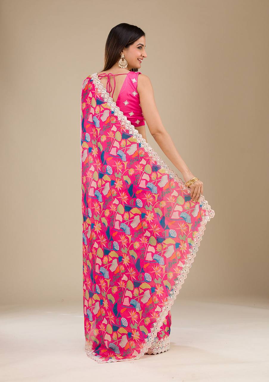 Premium Georgette With Digital Prints & Embroidery Saree