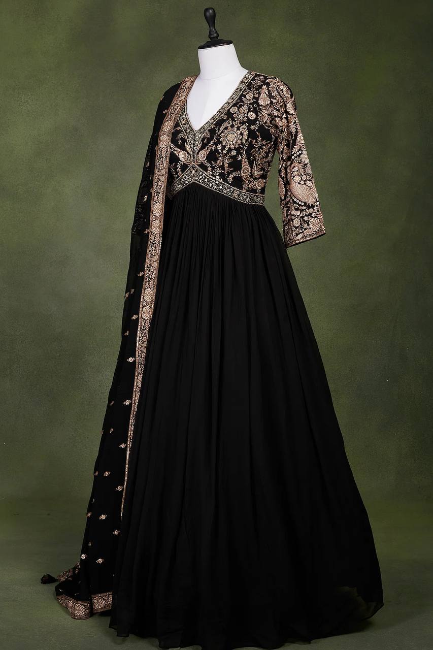 Gown: Heavy Faux Georgette Embroidery Sequins Work