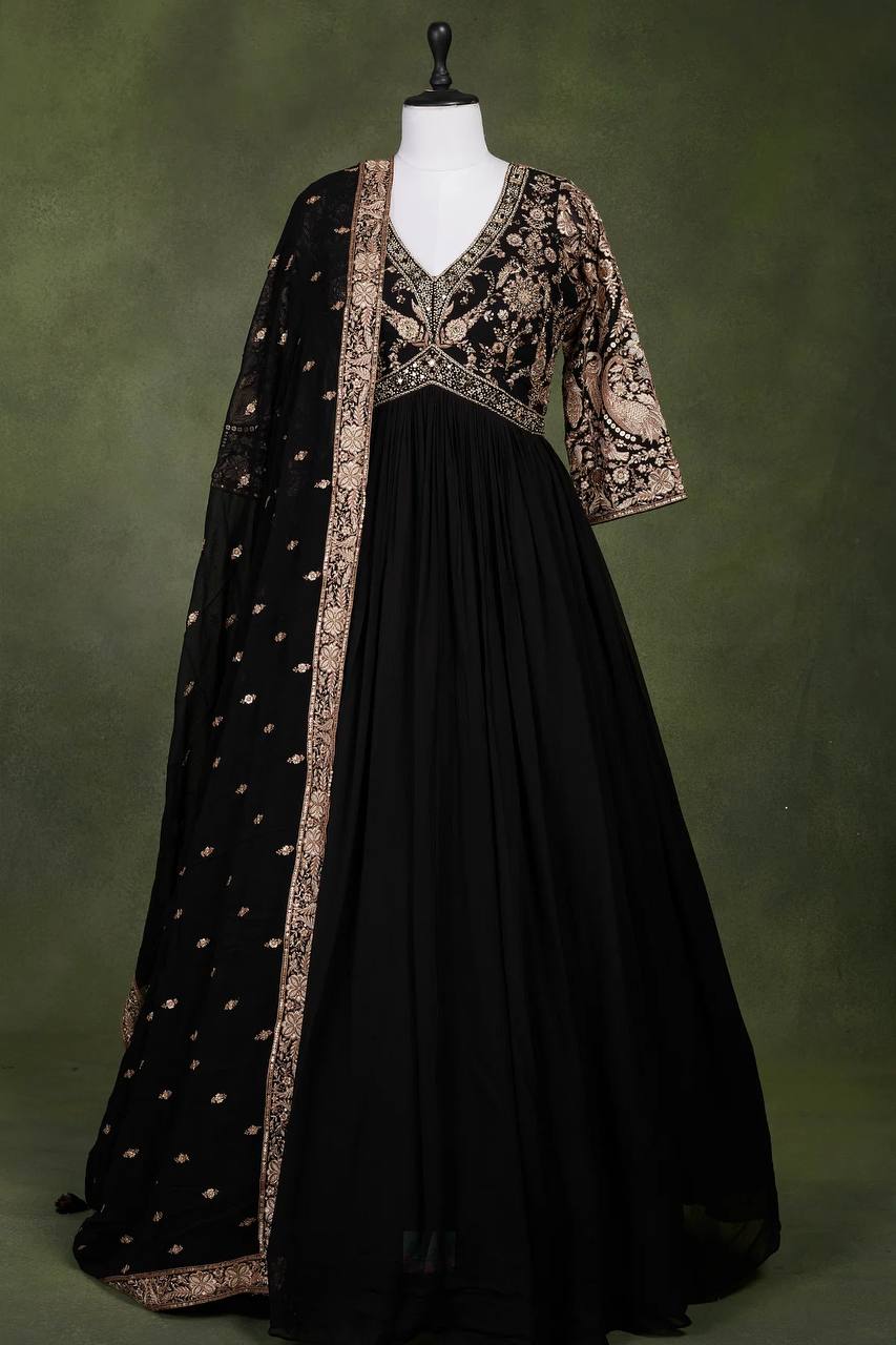 Gown: Heavy Faux Georgette Embroidery Sequins Work