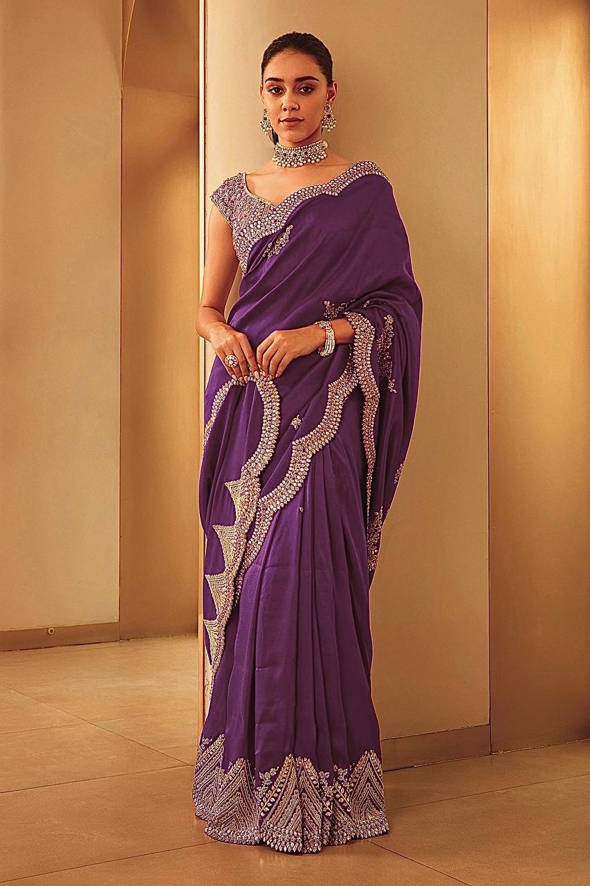 Pure Two Tone Vichitra Silk with Heavy Embroidery Saree