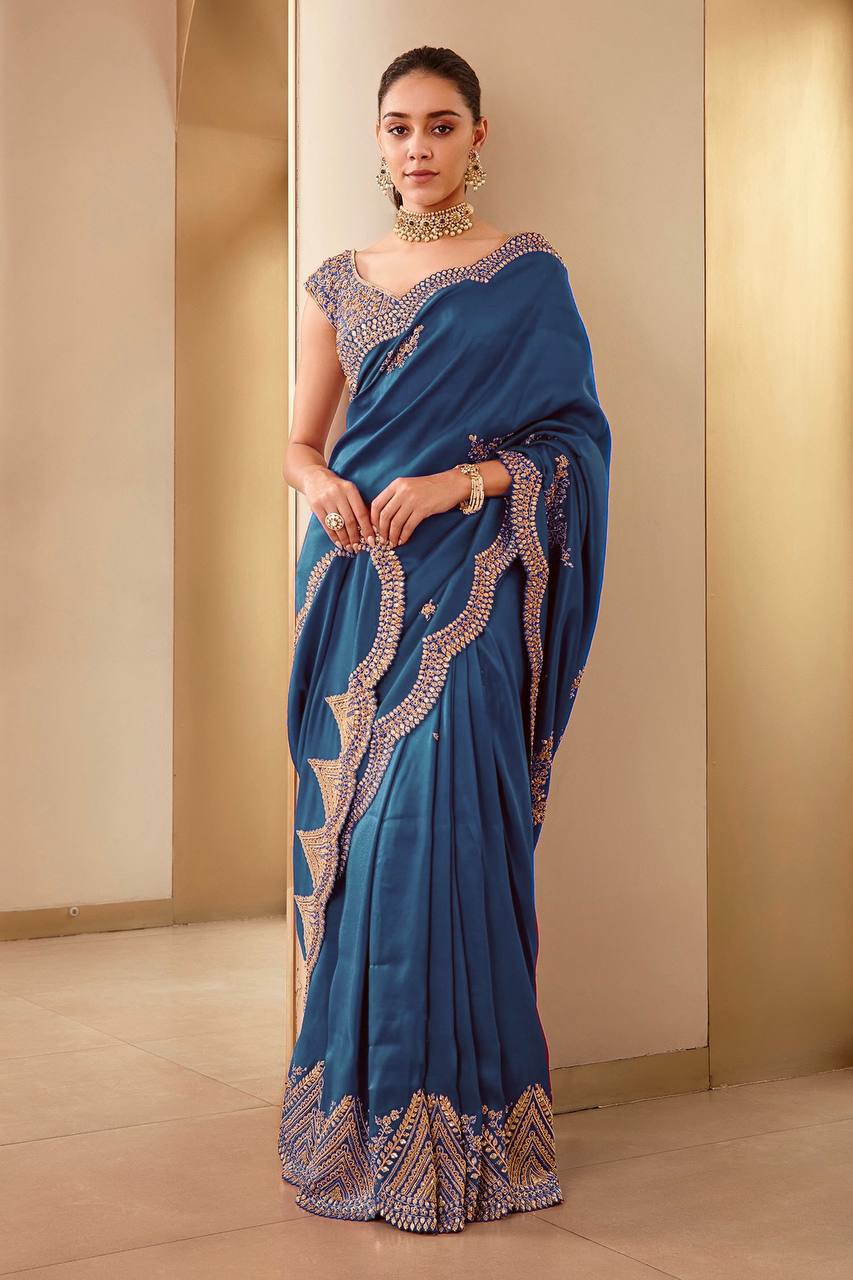 Pure Two Tone Vichitra Silk with Heavy Embroidery Saree