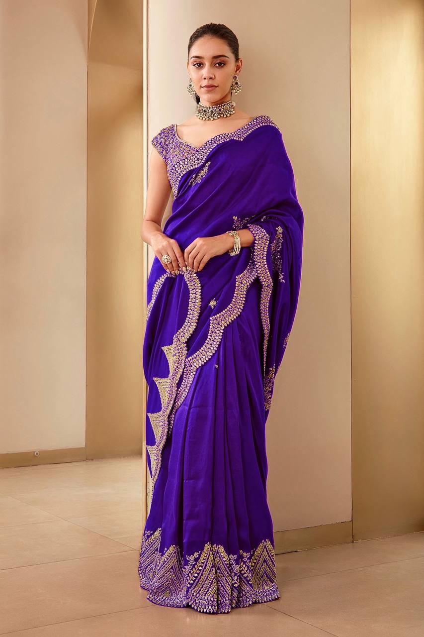 Pure Two Tone Vichitra Silk with Heavy Embroidery Saree