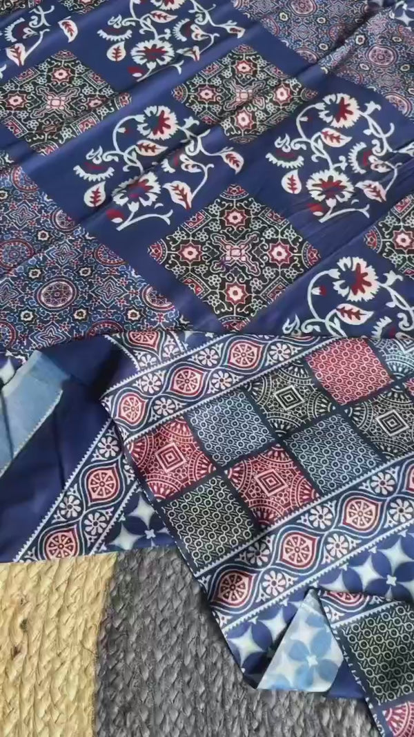 Ajrakh Digital Print Muslin fabric Saree
